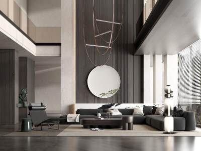 现代别墅客厅 布艺多人转角沙发 躺椅 茶几 吊灯 落地灯 边几